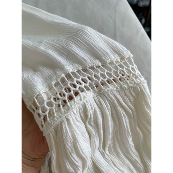 Boho Chic White Tunic Blouse Crochet Detailing & Balloon Sleeves Womens Size L - Picture 8 of 11